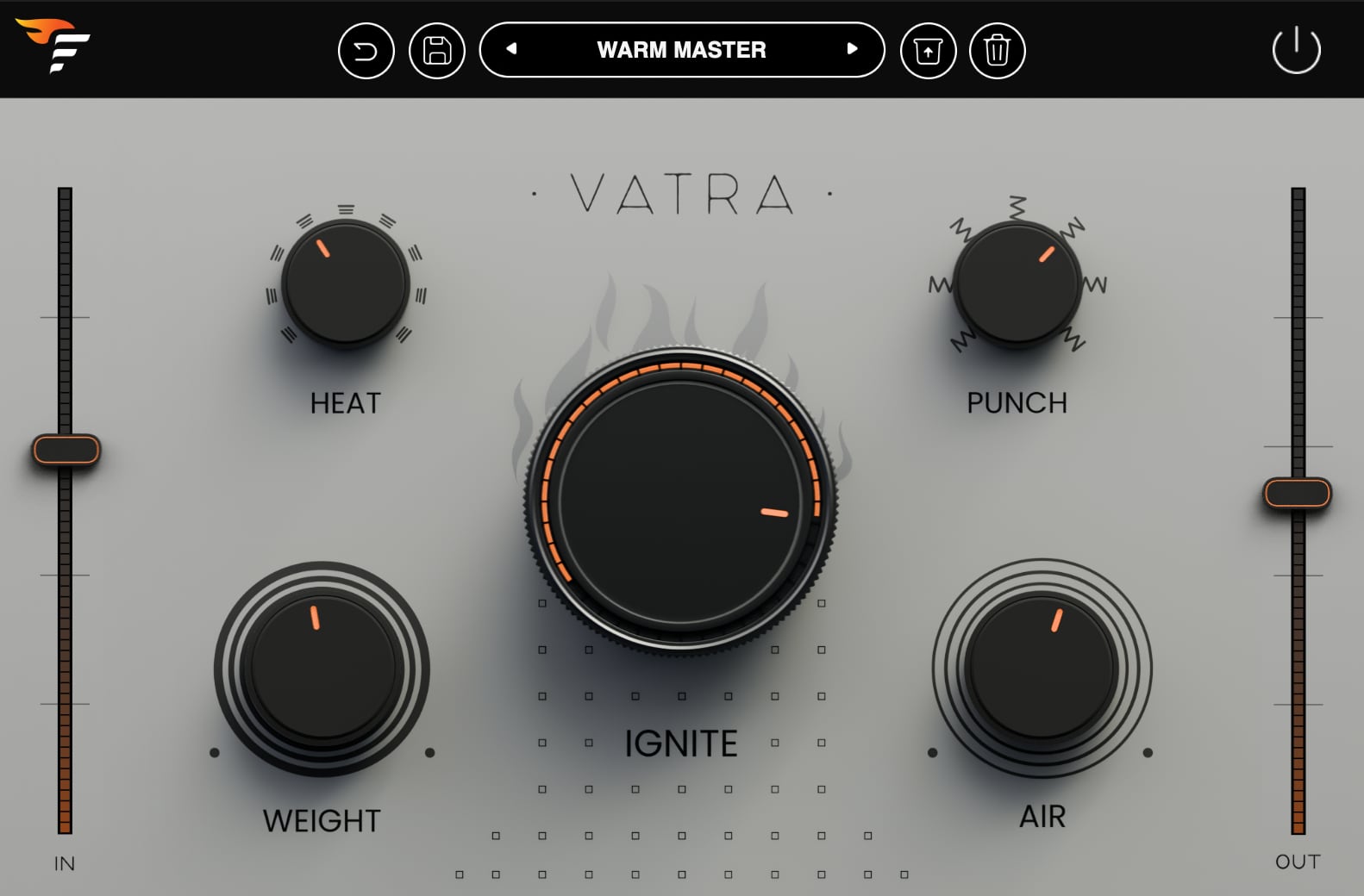 VATRA plugin — the actual interface: IGNITE big knob, HEAT, PUNCH, WEIGHT and AIR controls, IN/OUT sliders