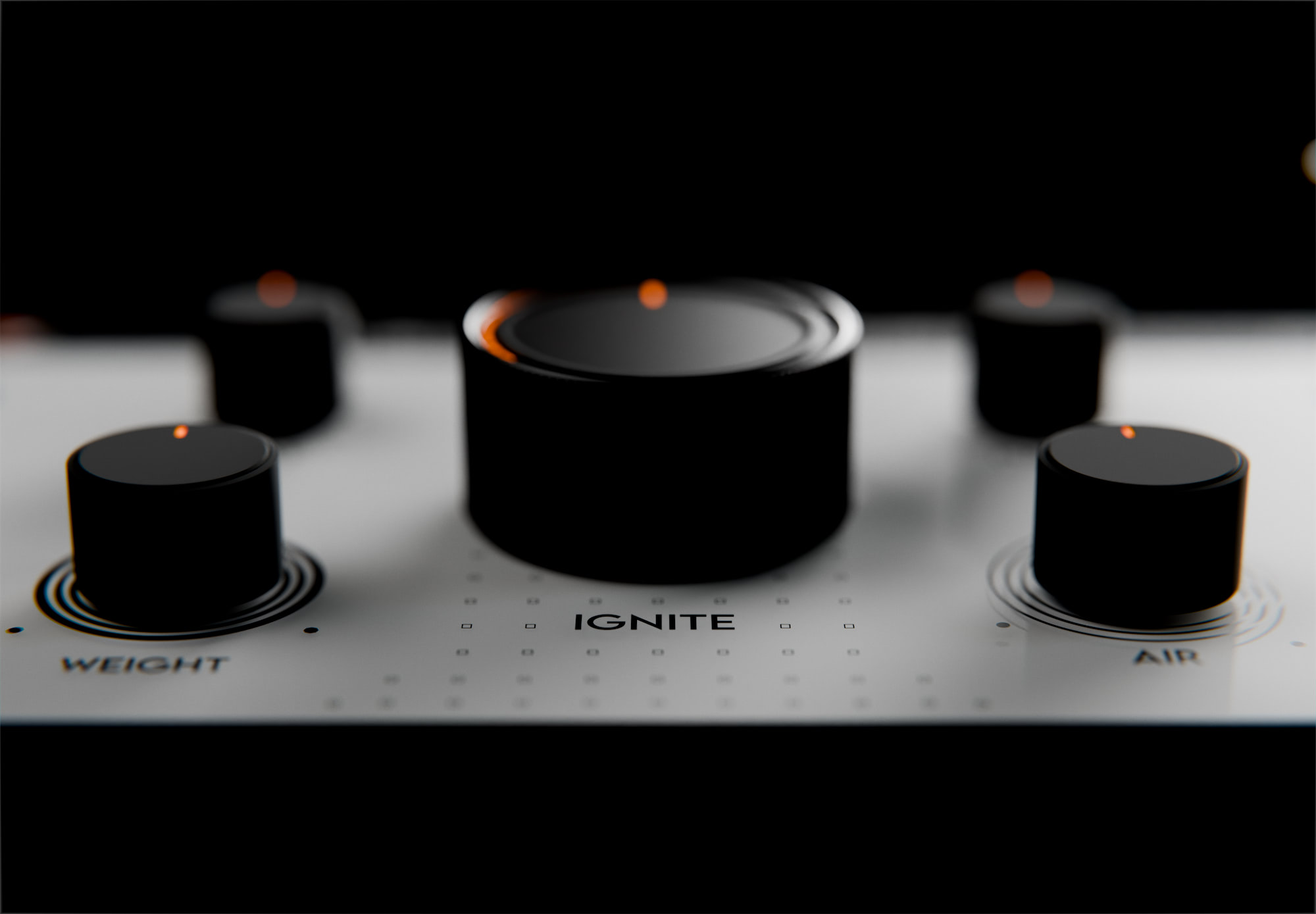 VATRA in the dark — knobs silhouetted, indicators glowing