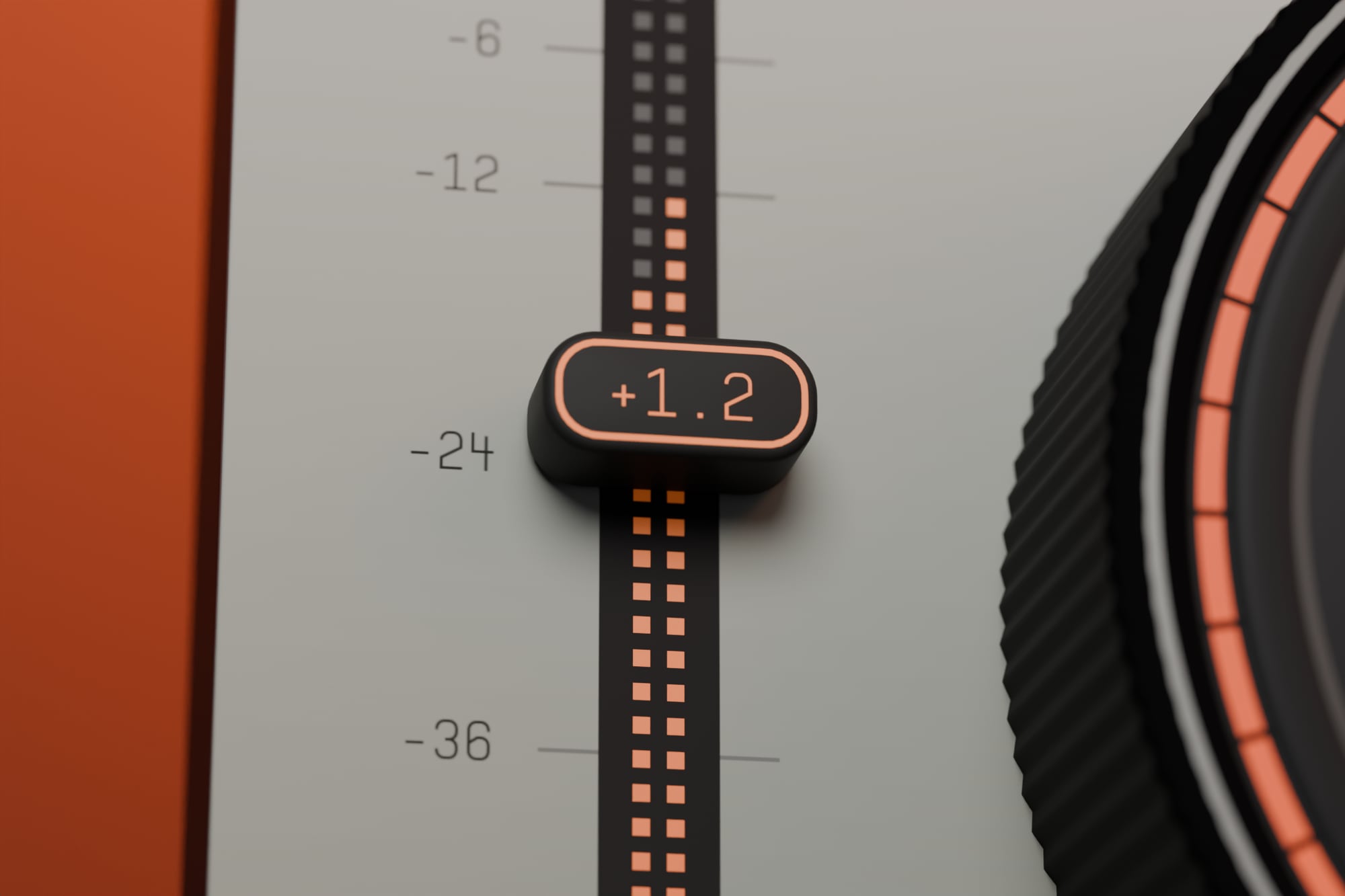 Close-up 3D render of Vatrica's IN fader handle reading +1.2 and the meter scale, orange backdrop.