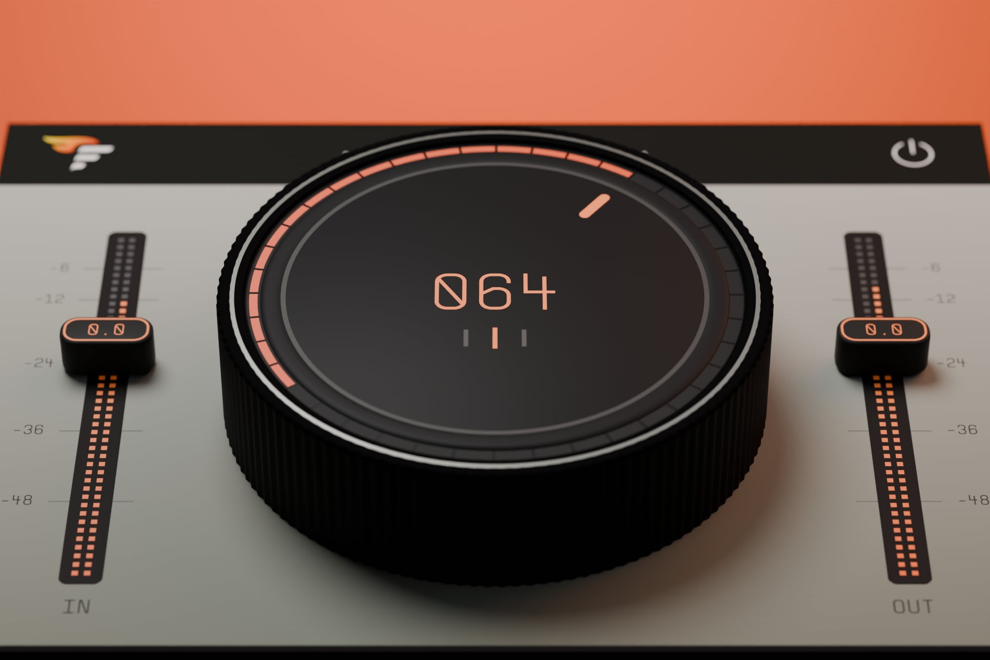 Low-angle 3D render of the Vatrica knob and faders with meter scale labels, orange backdrop.